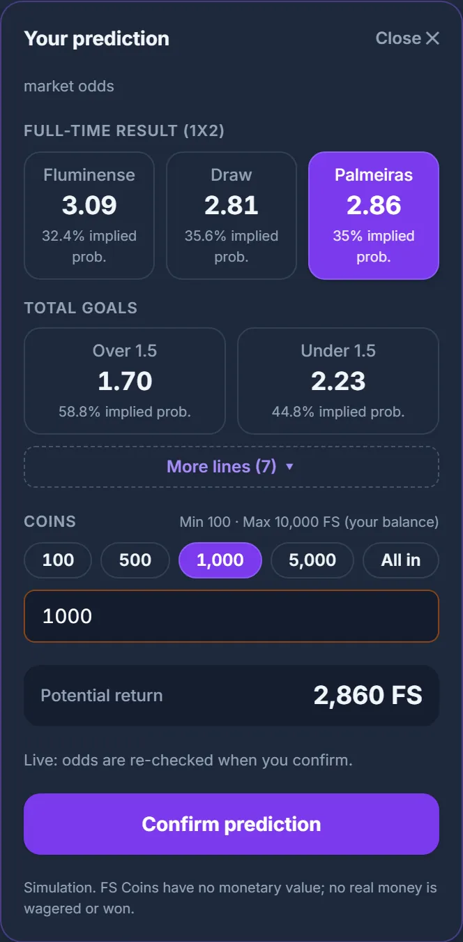 Arena screen: prediction slip with FS Coins